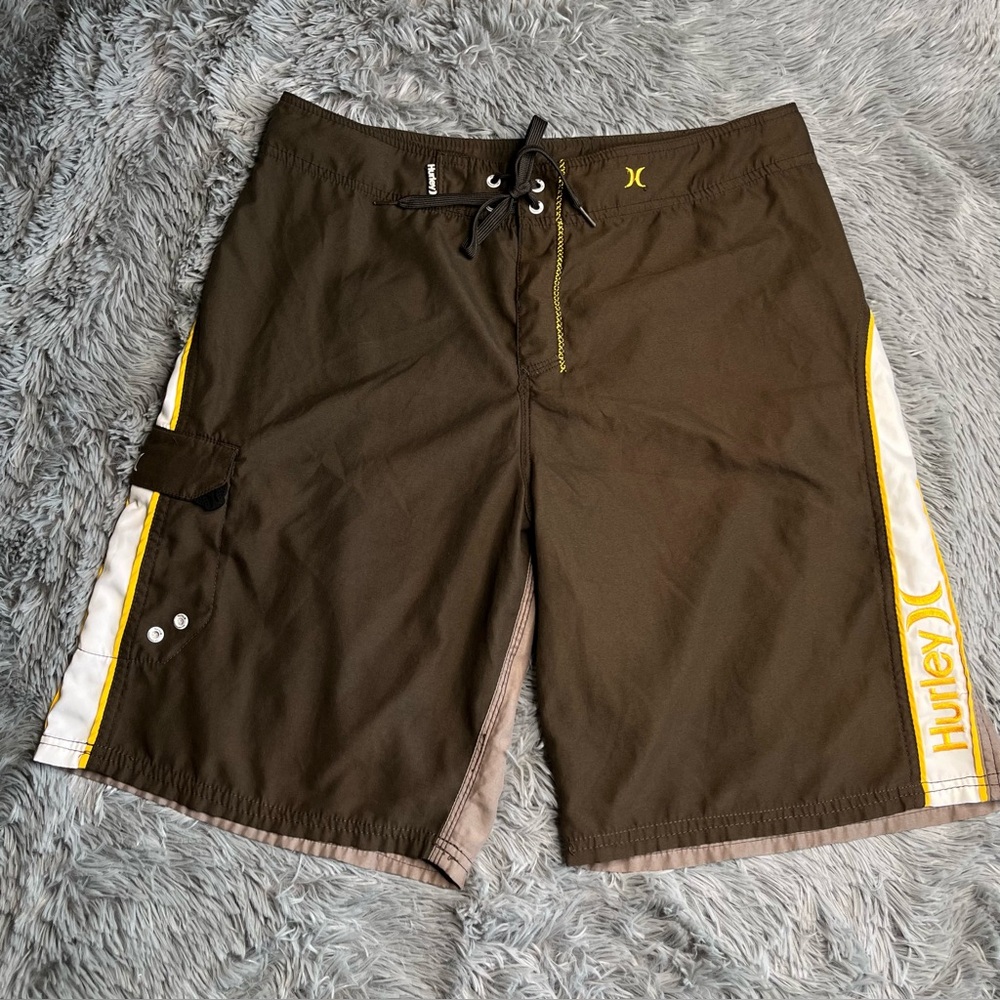 Hurley Board Shorts Mens Size 36 Swimming Brown White Pocket Swimming